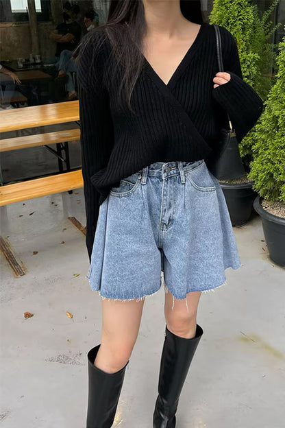 High Waist Casual Flare Style Jeans Shorts