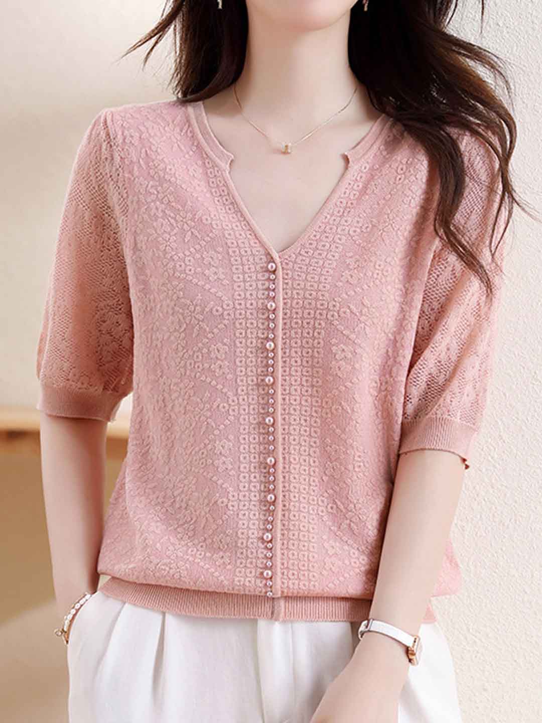 Sophie Chic V-Neck Beaded Jacquard Knitted Top
