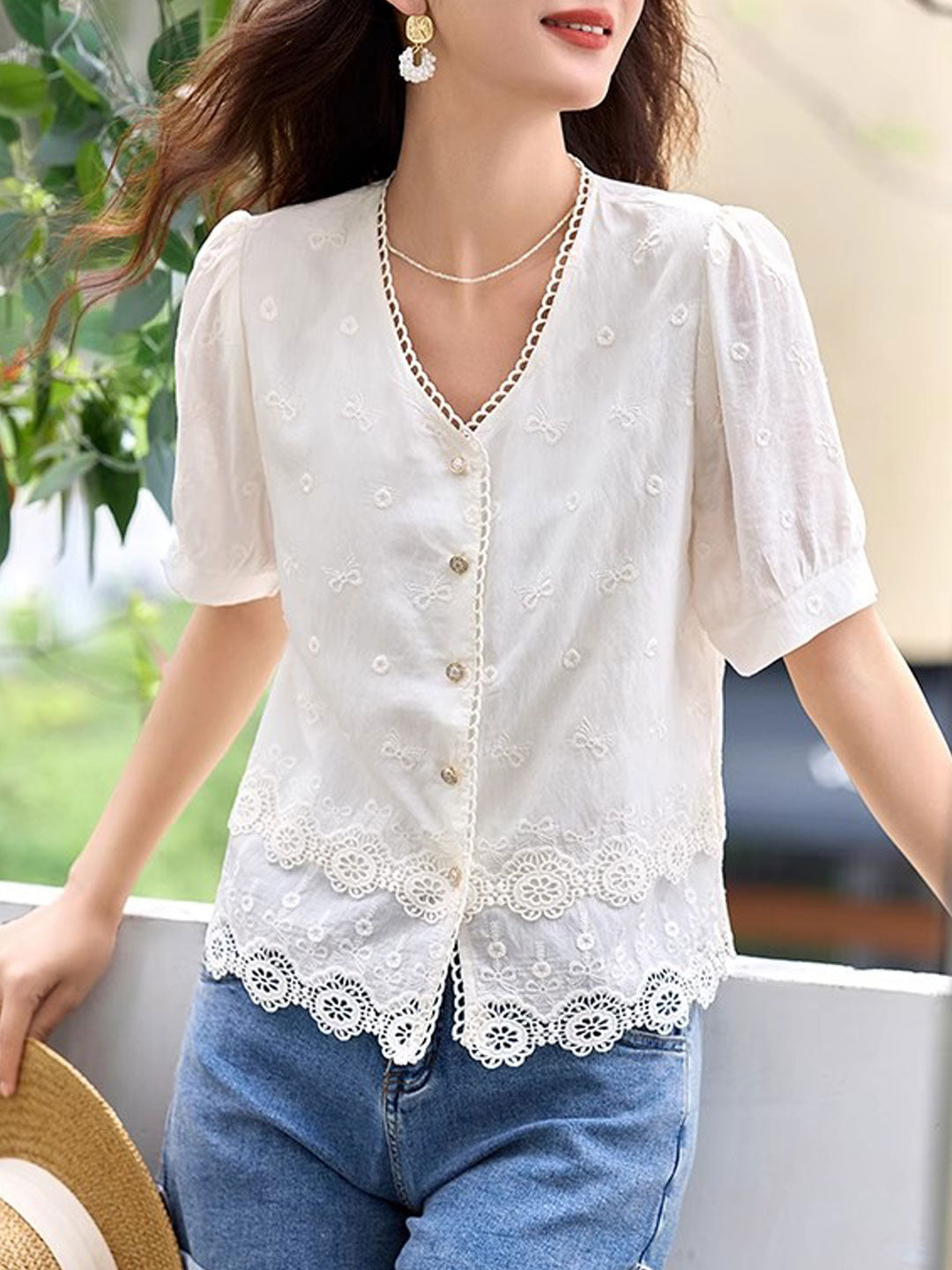 Maya Loose V-Neck Hollowed Lace Top