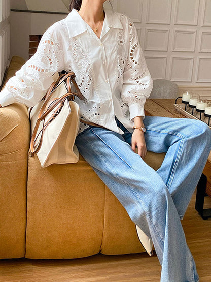 Jocelyn Loose Lapel Lantern Sleeve Embroidered Shirt