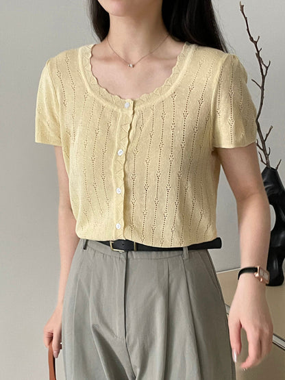 Madison Vacation Crew Neck Hollowed Jacquard Knitted Top