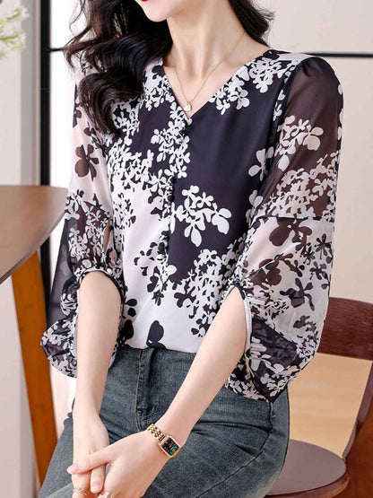 Katelyn Loose V-Neck Lantern Sleeve Floral Chiffon Top