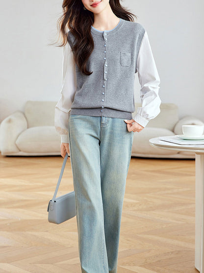 Mya Classic Crew Neck Paneled Knitted Top