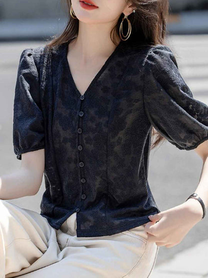Kylie Elegant V-Neck Puff Sleeve Jacquard Cardigan