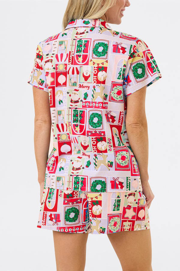 Conjunto de manga corta con estampado navideño y bonito estampado de dibujos animados