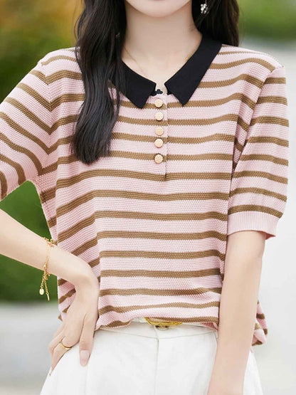 Julia Classic Polo Collar Striped Knitted Top