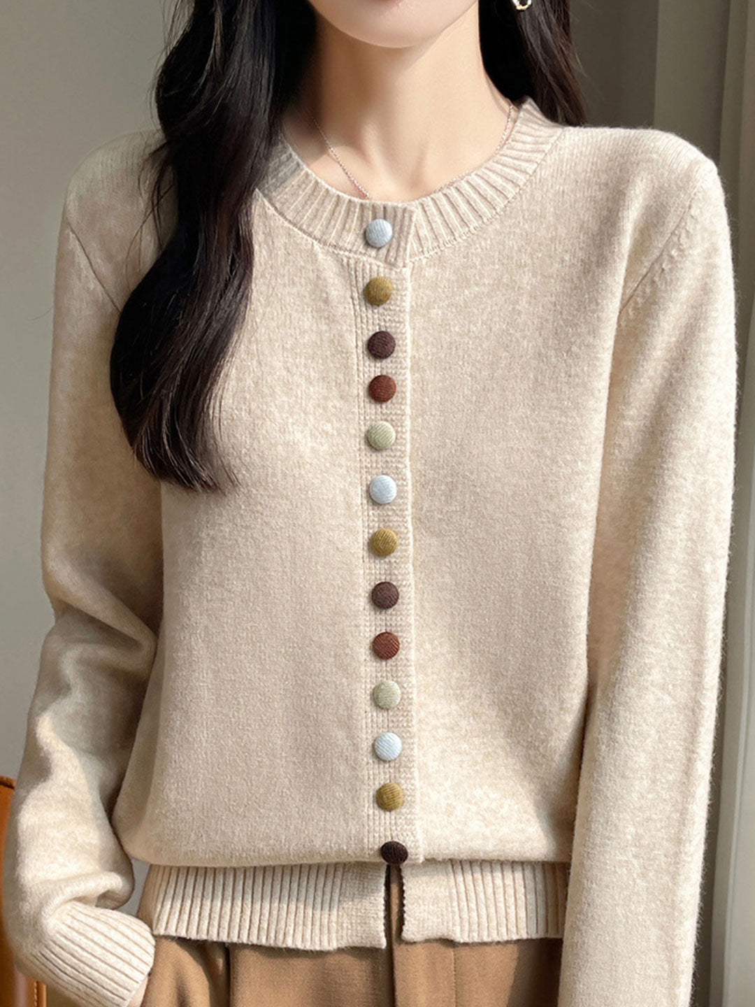 Sophia Classic Crew Neck Colorful Button Knitted Cardigan-Apricot
