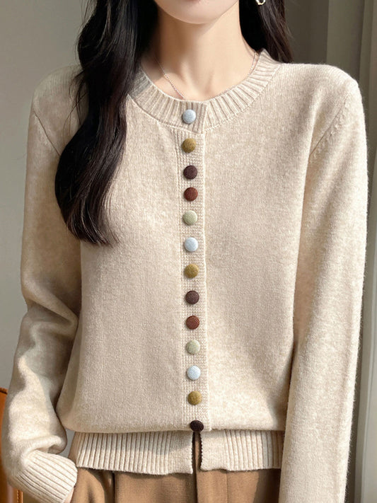 Sophia Classic Crew Neck Colorful Button Knitted Cardigan-Apricot