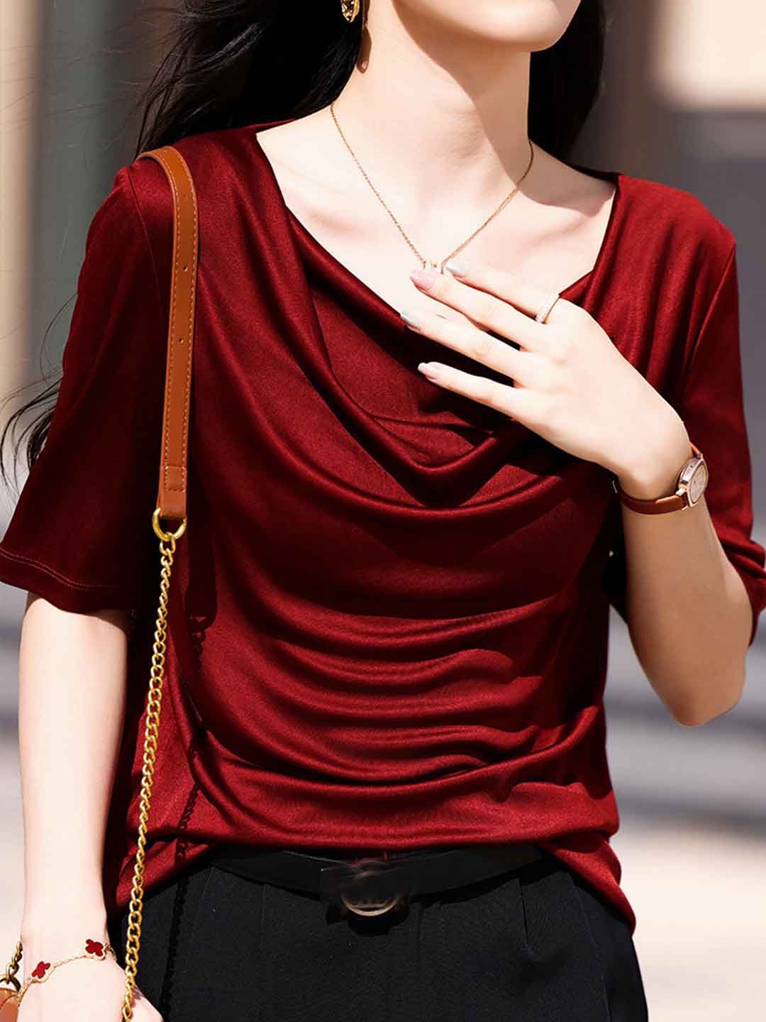 Madison Loose Crew Neck Solid Color Satin Top