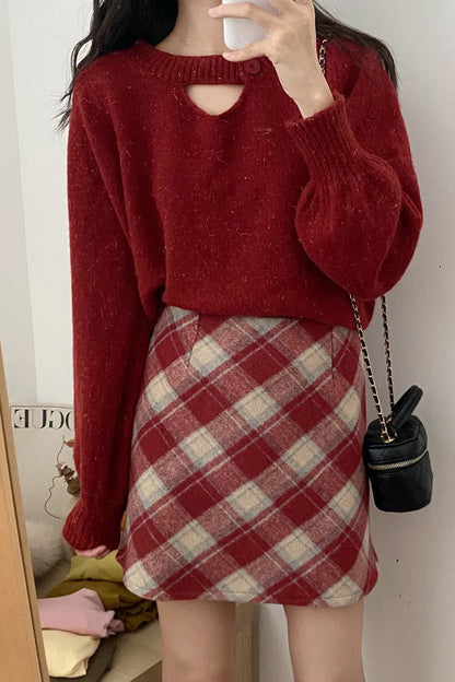 A-Line Woolen Plaid Mini Skirts