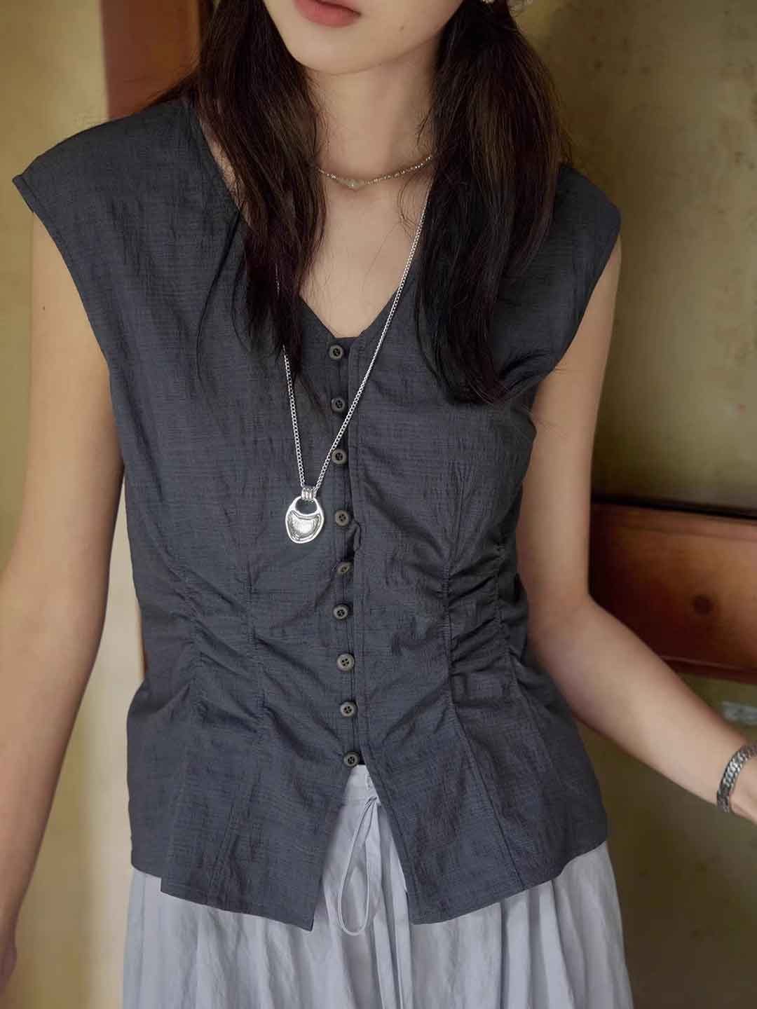 Sophie Slim V-Neck Solid Color Waisted Shirt