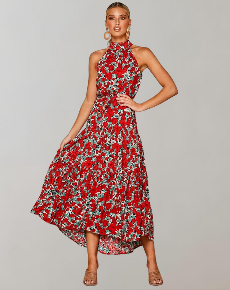 Vestido largo informal con cuello halter y estampado de lunares para mujer | Ideal para primavera/verano