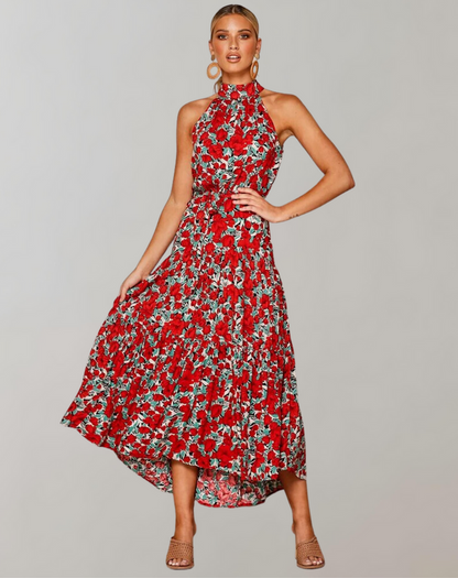 Vestido largo informal con cuello halter y estampado de lunares para mujer | Ideal para primavera/verano
