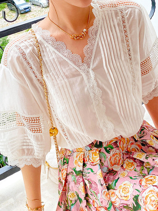 Sophie Elegant V-Neck Puff Sleeve Solid Color Top