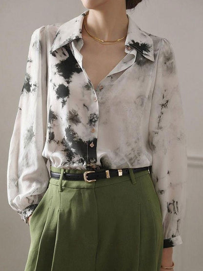 Jessica Retro Polo Collar Puff Sleeve Printed Shirt