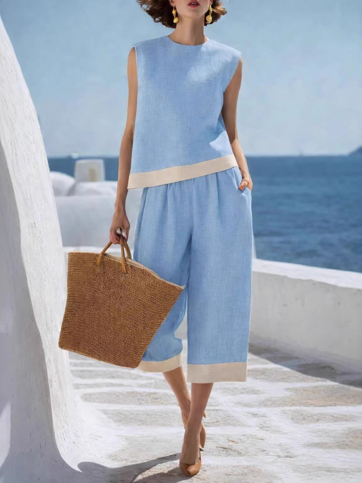 Color-blocked Cotton-linen Blend Bohemian-style Two-piece Set