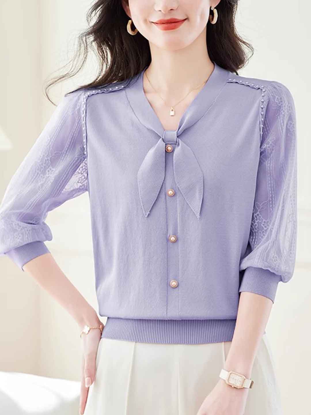 Lillian Loose V-Neck Puff Sleeve Bow Lace Knitted Top