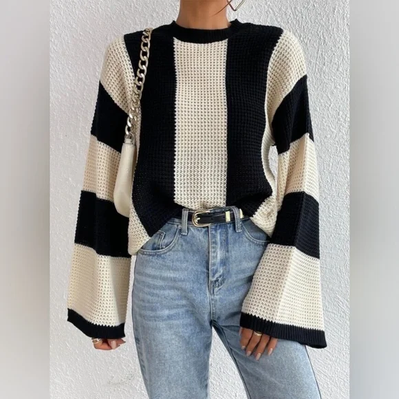 Elegante jersey de punto a rayas de gran tamaño para mujer | Ideal para otoño/invierno