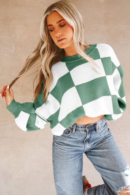 Jersey de punto oversize con cuello redondo y cuadros para mujer | Ideal para otoño/invierno
