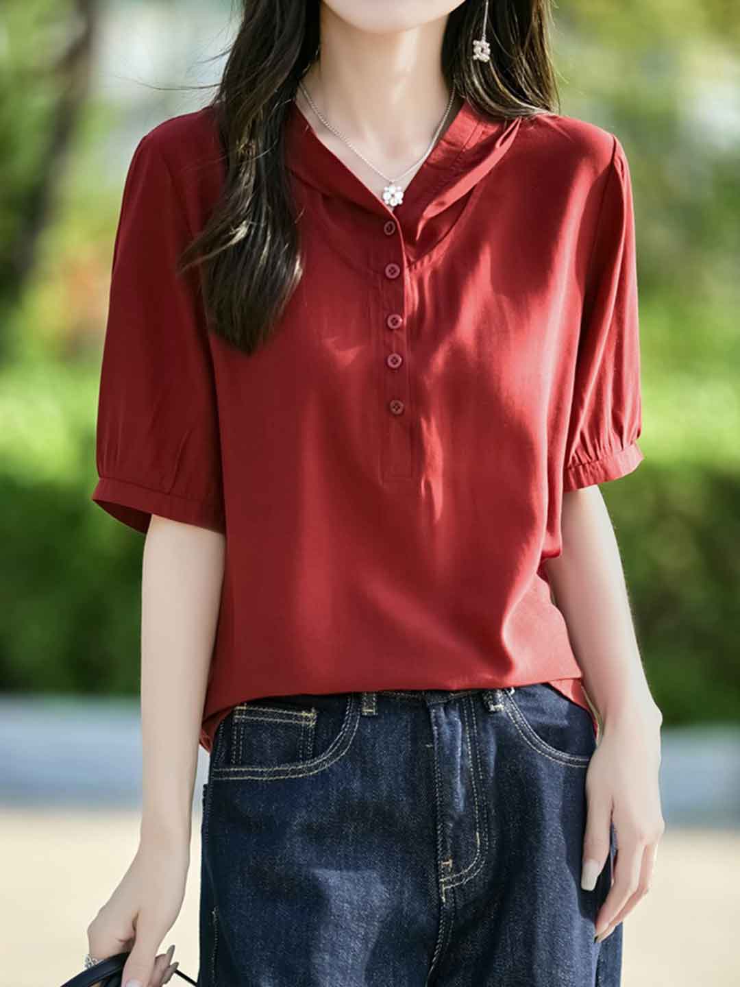 Mya Casual V-neck Solid Color Hooded Shirt