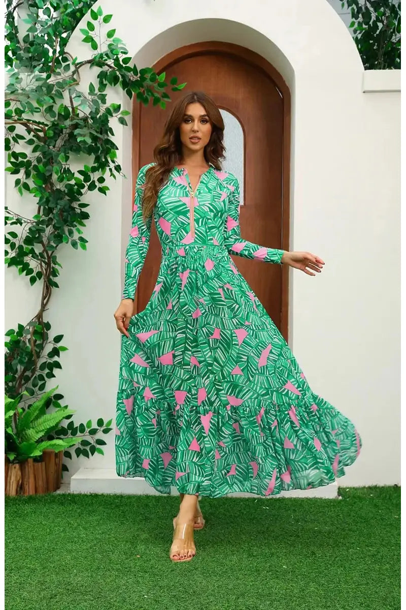 Traje de baño de surf estampado de manga larga con cremallera verde