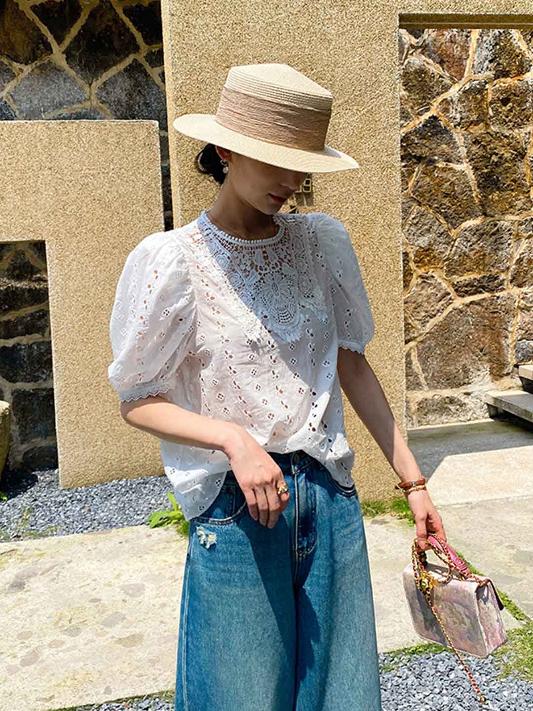 Layla Vacation Crew Neck Lace Embroidered Top