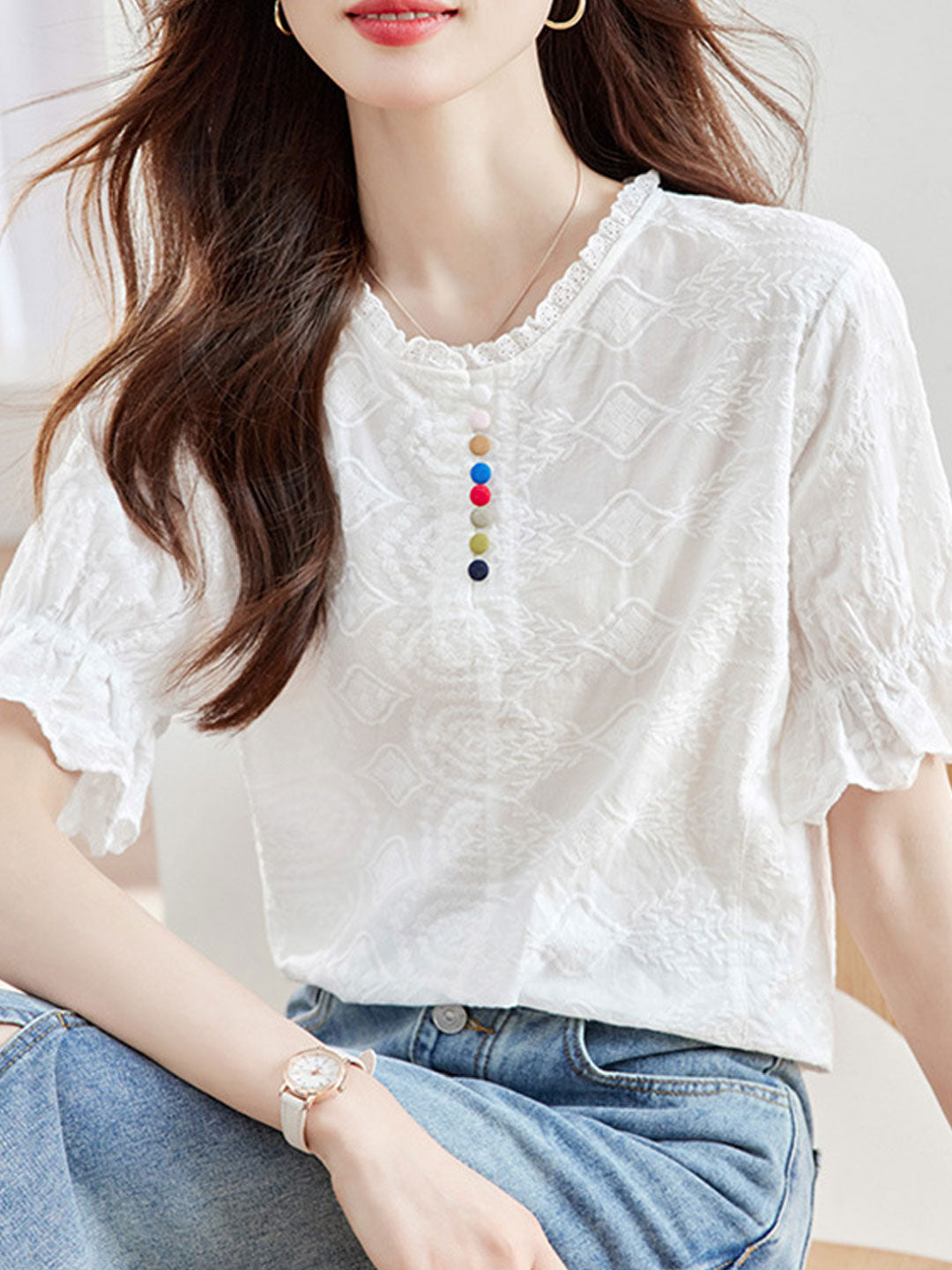 Khloe Loose Crew Neck Ruffle Sleeve Embroidered Top