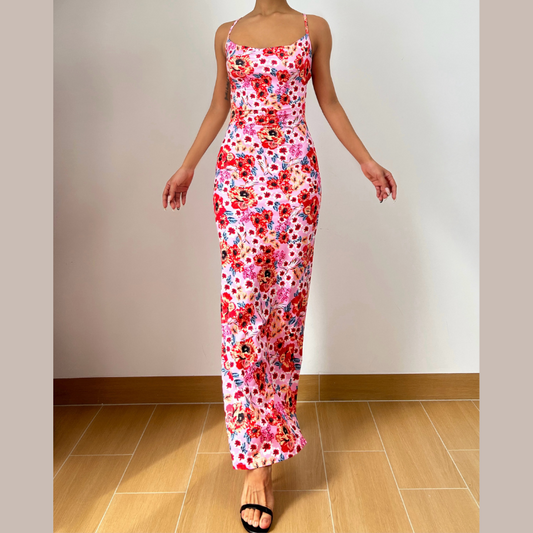 Cross back self tie flower print cami maxi dress | Festival Outfits Women