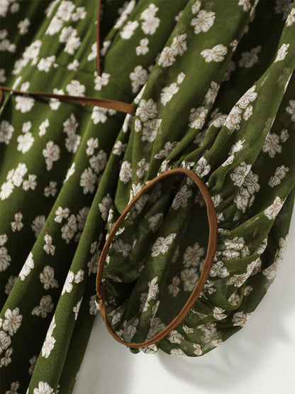 Molly Retro Floral Wrap Waisted Dress-Green Long