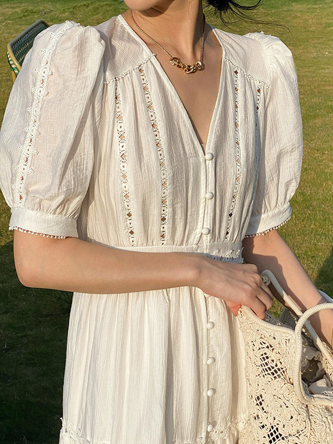 Zoey Elegant V-neck Puff Sleeve Hollowed Dress