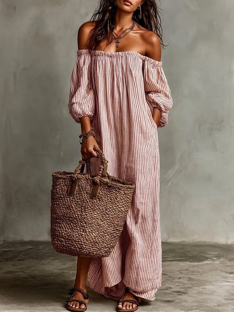 Striped Off-the-shoulder Linen Resort-style Long-sleeved Dress