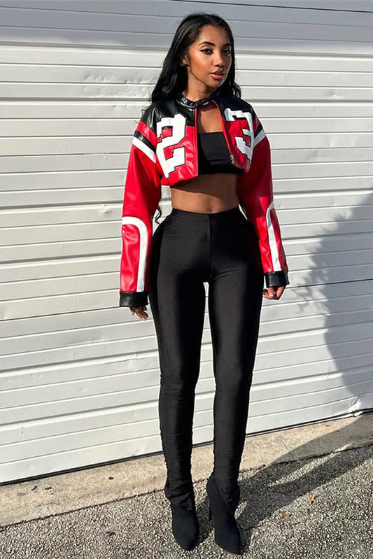 Chaqueta de motociclista de piel sintética bordada