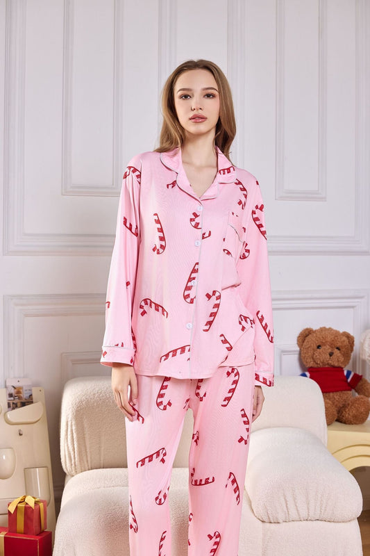 Conjunto de pijama largo de satén con estampado de bastón de caramelo rosa