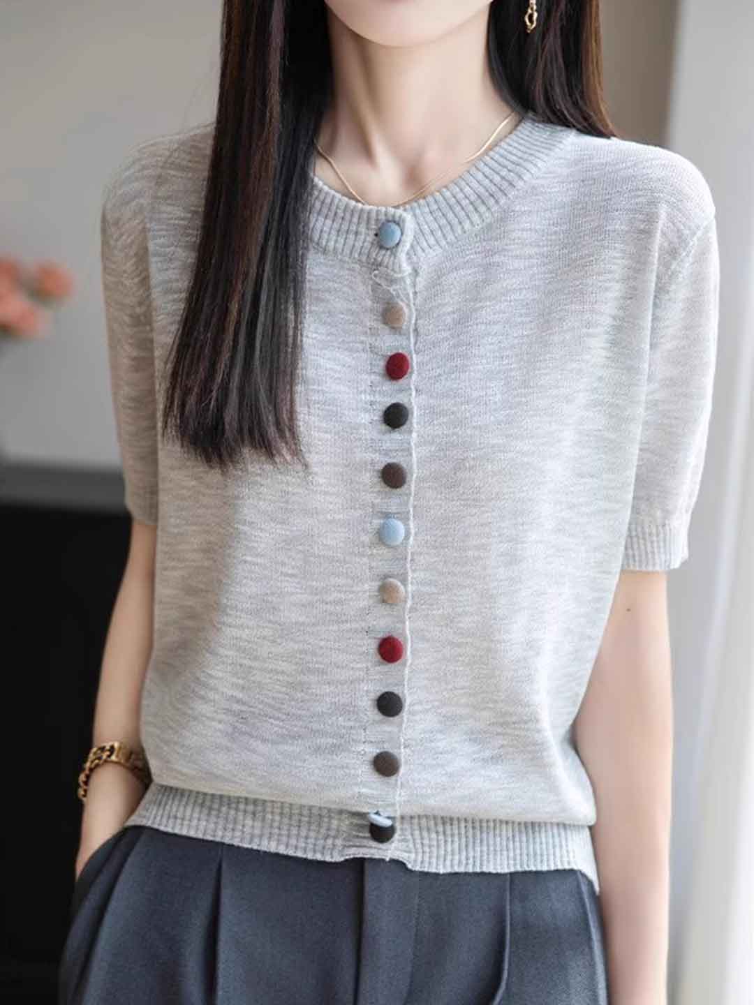 Mariah Loose Crew Neck Colorful Buttons Knitted Top