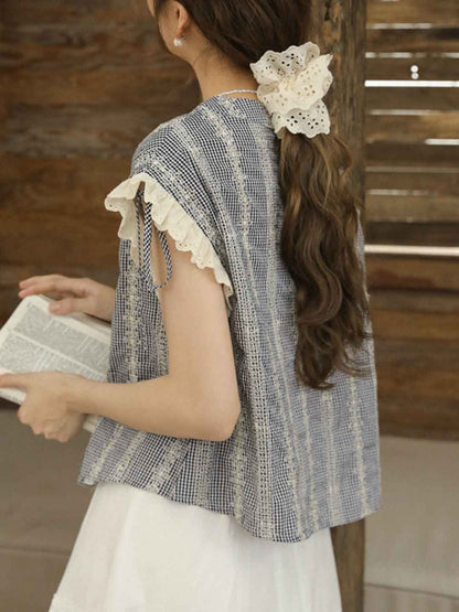 Molly Elegant V-Neck Plaid Patchwork Lace Top