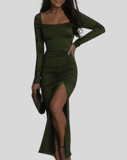Vestido elegante de terciopelo con escote cuadrado y abertura para mujer | Ideal para primavera