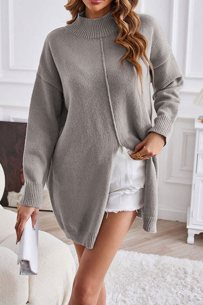 Jersey de cuello alto de punto caqui extragrande para mujer con abertura | Ideal para otoño/invierno