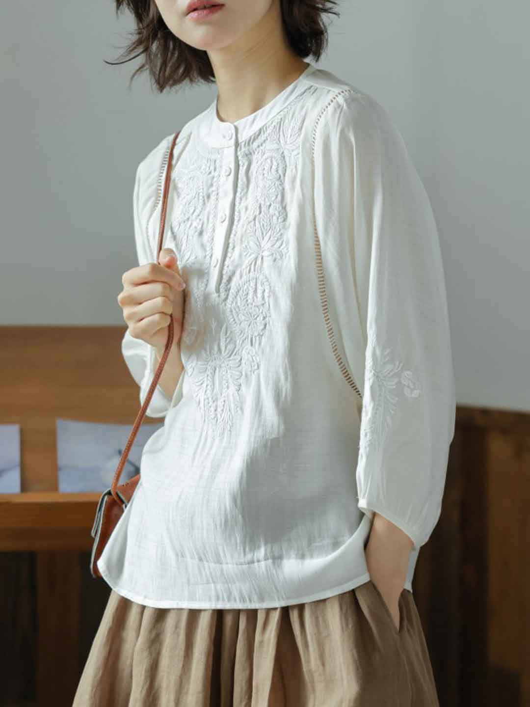 Kylie Vintage Crew Neck Embroidered Top