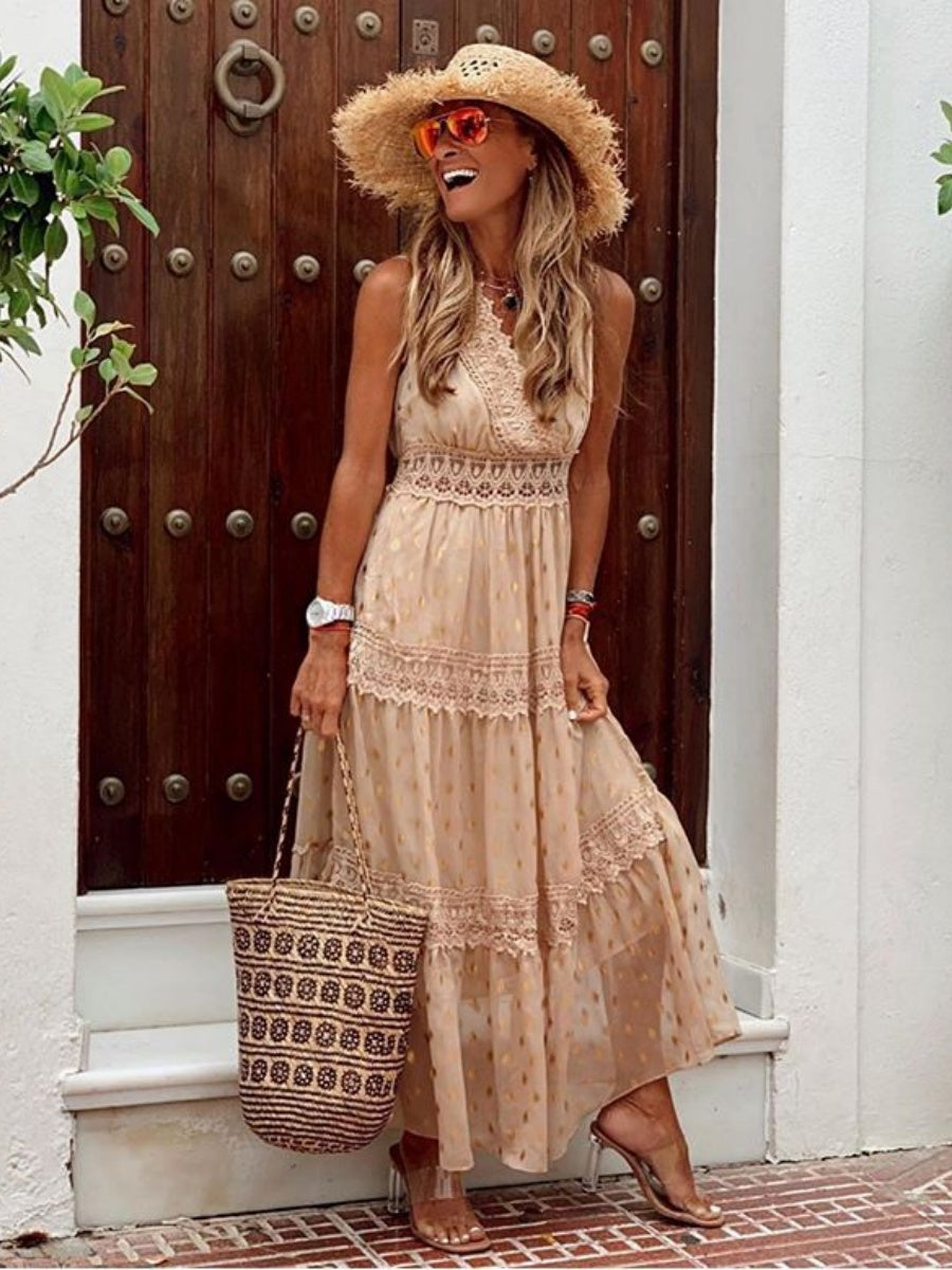 Deep V Sleeveless Lace-trimmed Chiffon Long Dress