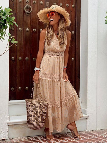 Deep V Sleeveless Lace-trimmed Chiffon Long Dress