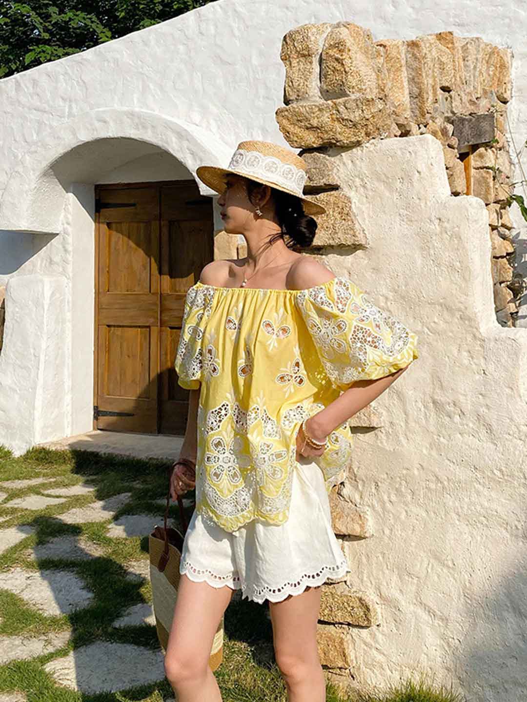 Makayla Loose Off-Shoulder Puff Sleeve Embroidered Top