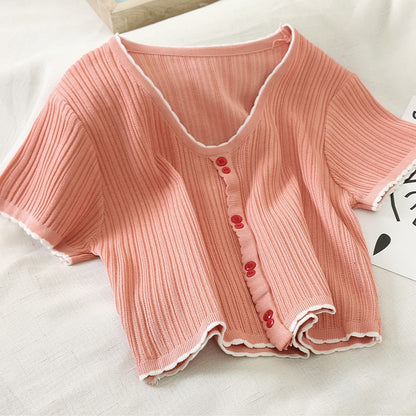 Button Up V-Neck Knitted Crop Tops