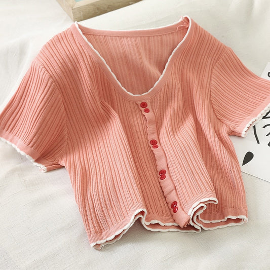 Button Up V-Neck Knitted Crop Tops