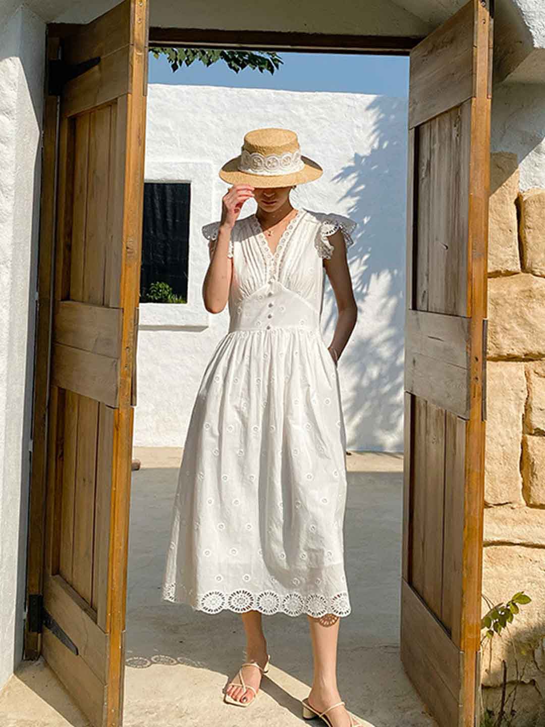 Olivia Vintage V-neck Embroidered A-line Dress