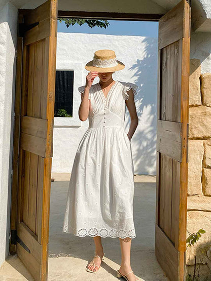 Olivia Vintage V-neck Embroidered A-line Dress