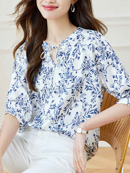 Natalie Loose V-Neck Printed Tie Top