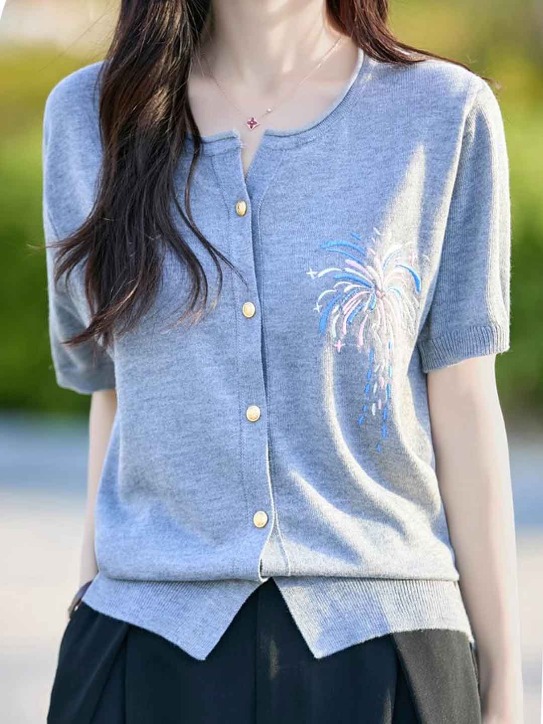 Kylie Loose Crew Neck Embroidered Knitted Cardigan