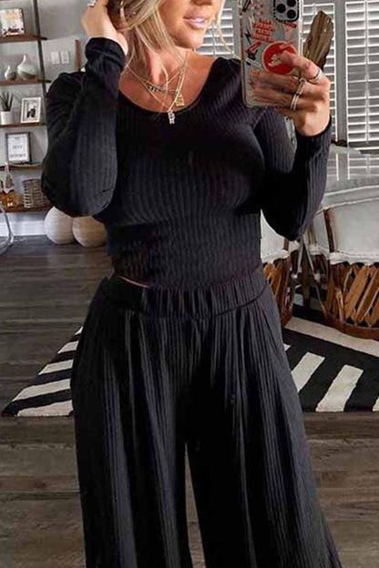 Two-Piece Round Neck Solid Color Long Sleeves Wide Legs(4 Colors)