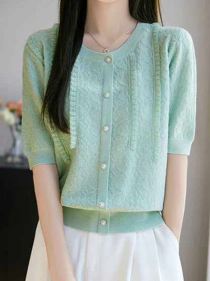 Paige Classic Crew Neck Solid Color Lace Knitted Top