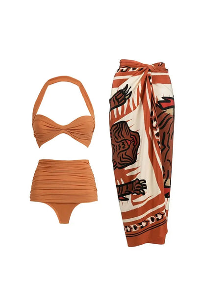 Conjunto de bikini vintage de patchwork de malla con cuello halter